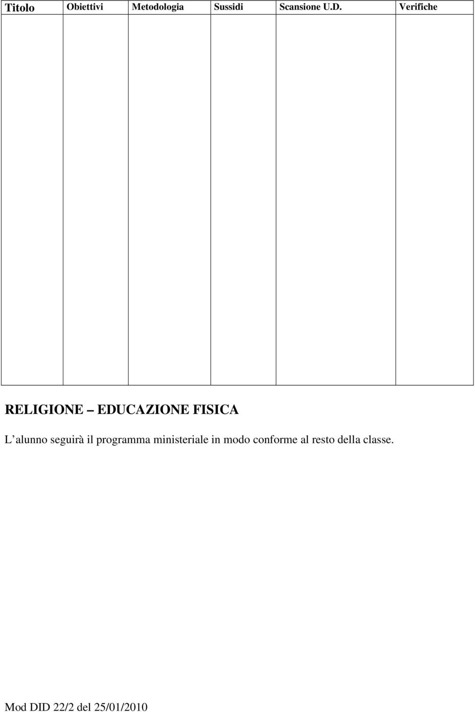 Verifiche RELIGIONE EDUCAZIONE FISICA L