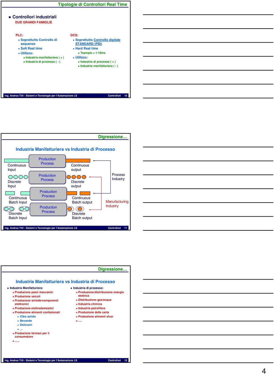 ndrea illi - istemi e ecnologie per l'utomazione L Controllori 10 Digressione Industria anifatturiera vs Industria di Processo Continuous Input Discrete Input Continuous Batch Input Discrete Batch