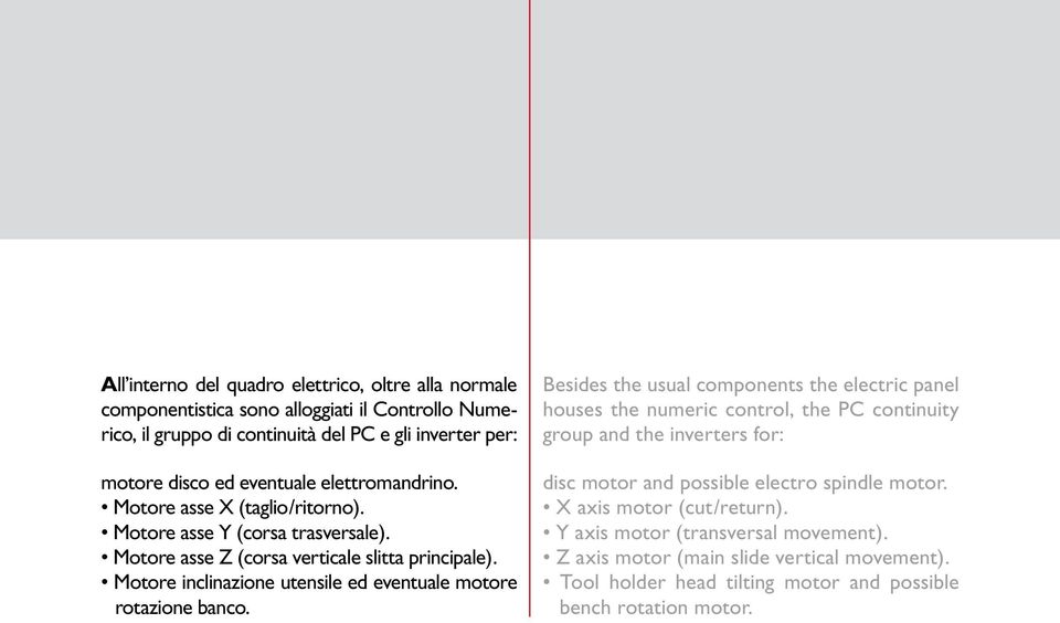 Motore inclinazione utensile ed eventuale motore rotazione banco.