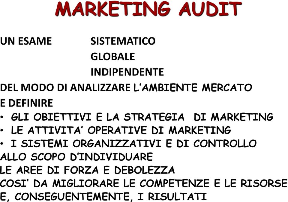 OPERATIVE DI MARKETING I SISTEMI ORGANIZZATIVI E DI CONTROLLO ALLO SCOPO D INDIVIDUARE LE