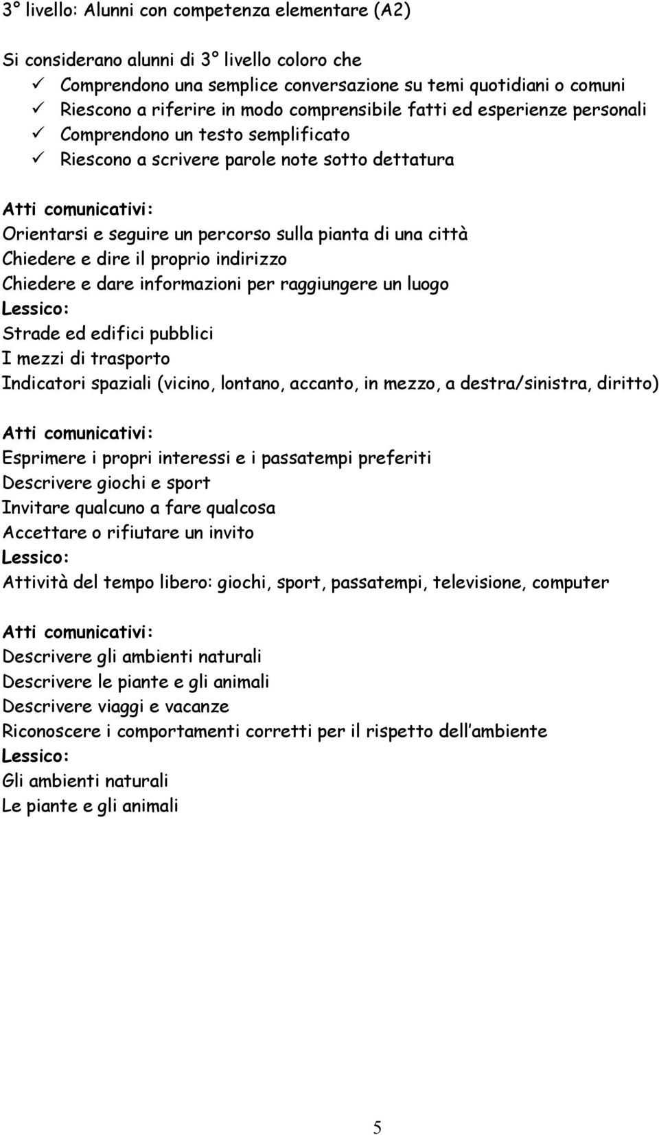 dire il proprio indirizzo Chiedere e dare informazioni per raggiungere un luogo Strade ed edifici pubblici I mezzi di trasporto Indicatori spaziali (vicino, lontano, accanto, in mezzo, a