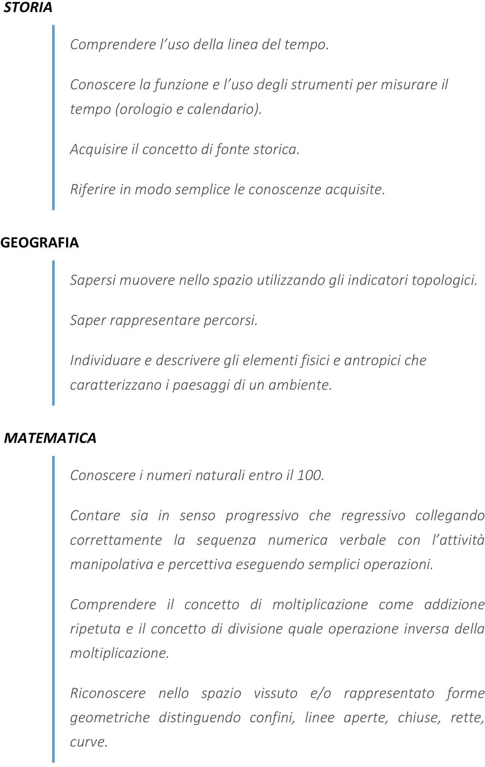 Individuare e descrivere gli elementi fisici e antropici che caratterizzano i paesaggi di un ambiente. MATEMATICA Conoscere i numeri naturali entro il 100.