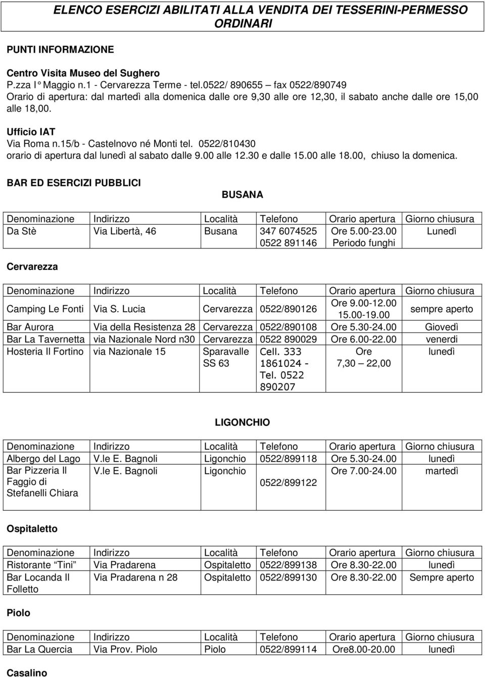 0522/810430 orario di apertura dal lunedì al sabato dalle 9.00 alle 12.30 e dalle 15.00 alle 18.00, chiuso la domenica.