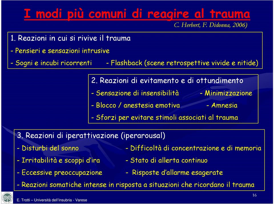 Reazioni di evitamento e di ottundimento - Sensazione di insensibilità - Minimizzazione - Blocco / anestesia emotiva - Amnesia - Sforzi per evitare stimoli associati al trauma