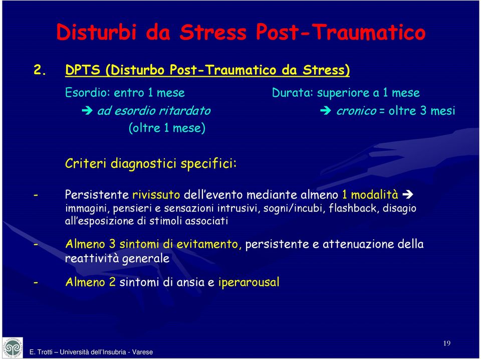 cronico = oltre 3 mesi Criteri diagnostici specifici: - Persistente rivissuto dell evento mediante almeno 1 modalità immagini,