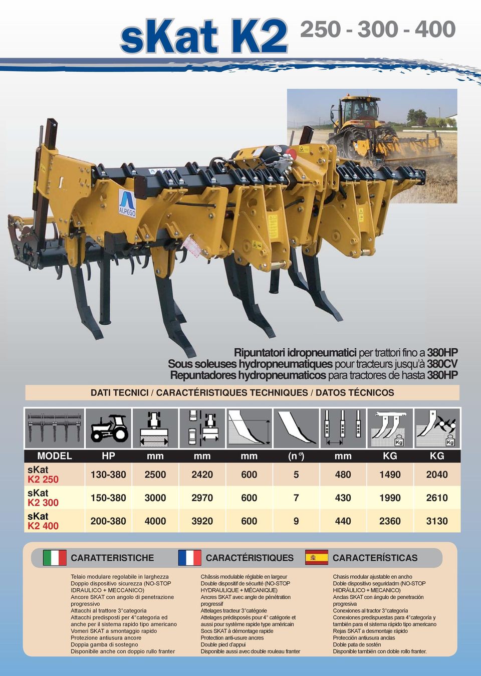 3920 600 9 440 2360 3130 CARATTERISTICHE CARACTÉRISTIQUES CARACTERÍSTICAS Telaio modulare regolabile in larghezza Doppio dispositivo sicurezza (NO-STOP IDRAULICO + MECCANICO) Ancore SKAT con angolo