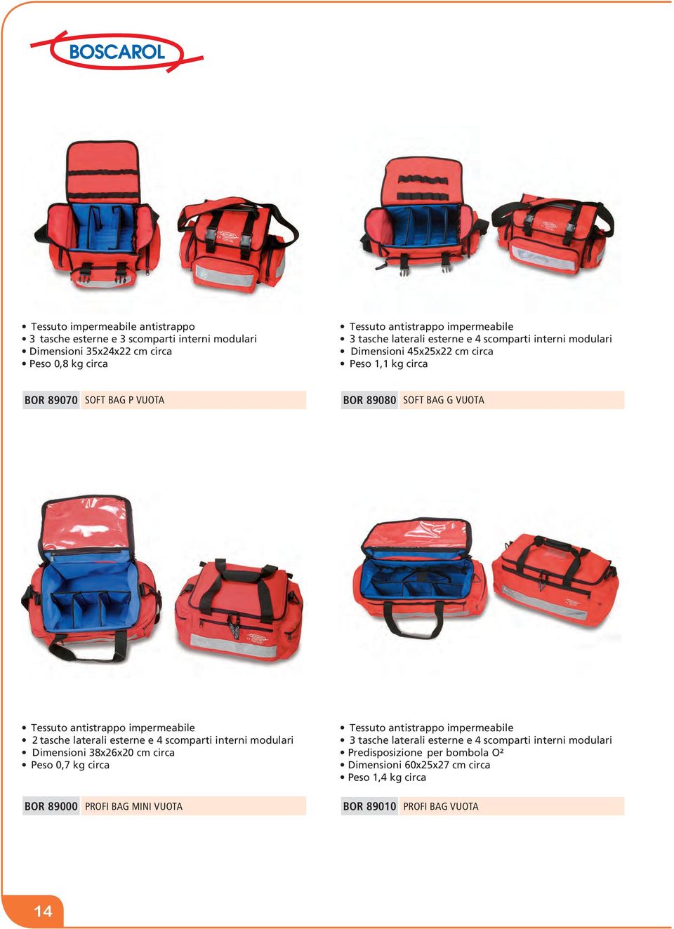 impermeabile 2 tasche laterali esterne e 4 scomparti interni modulari Dimensioni 38x26x20 cm circa Peso 0,7 kg circa BOR 89000 PROFI BAG MINI VUOTA Tessuto antistrappo