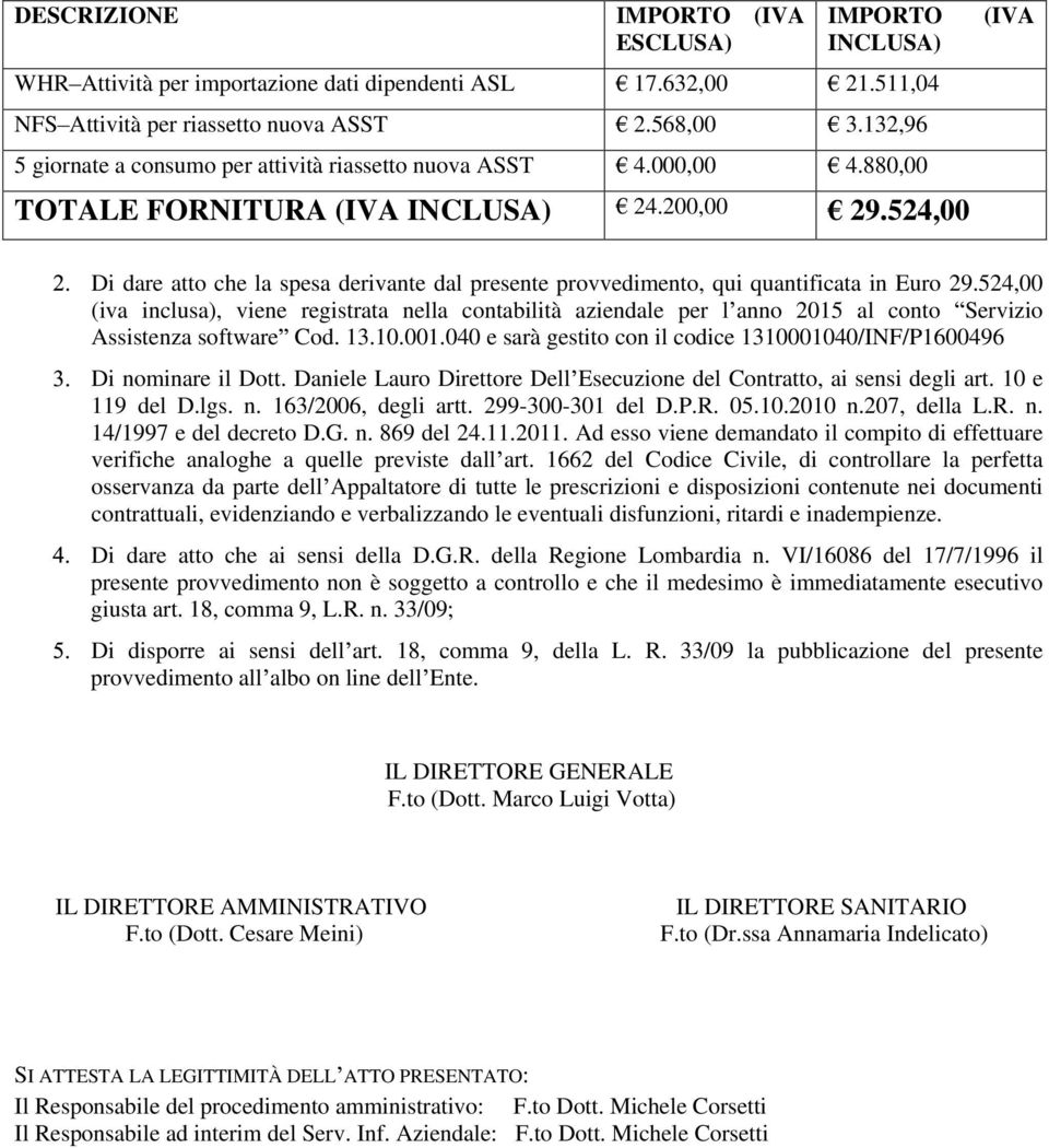 524,00 (IVA Di dare atto che la spesa derivante dal presente provvedimento, qui quantificata in Euro 29.