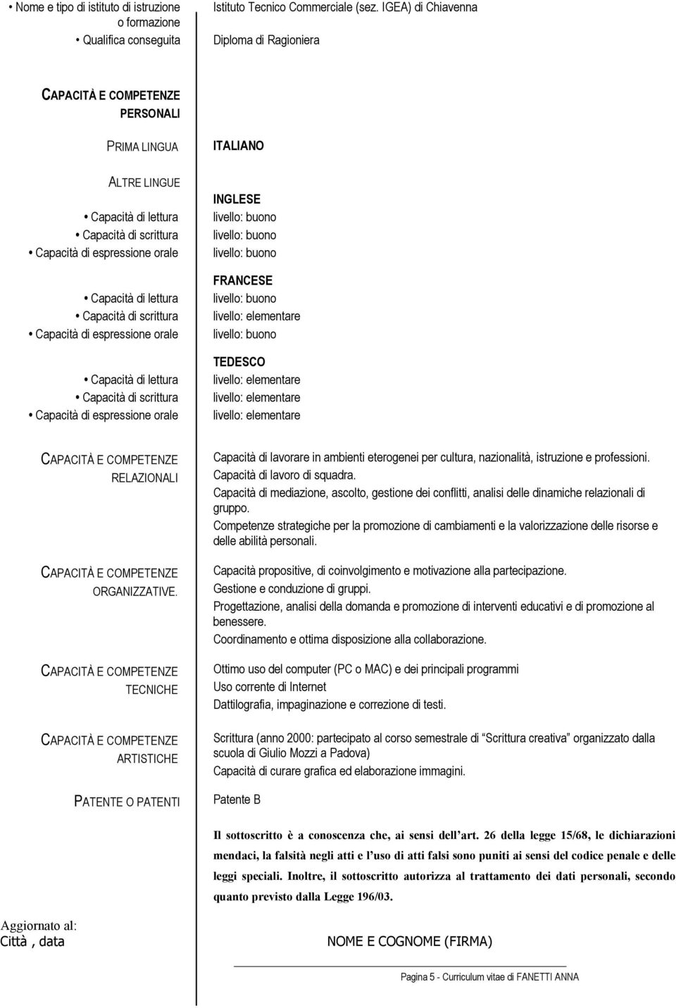 TECNICHE ARTISTICHE PATENTE O PATENTI Capacità di lavorare in ambienti eterogenei per cultura, nazionalità, istruzione e professioni. Capacità di di squadra.