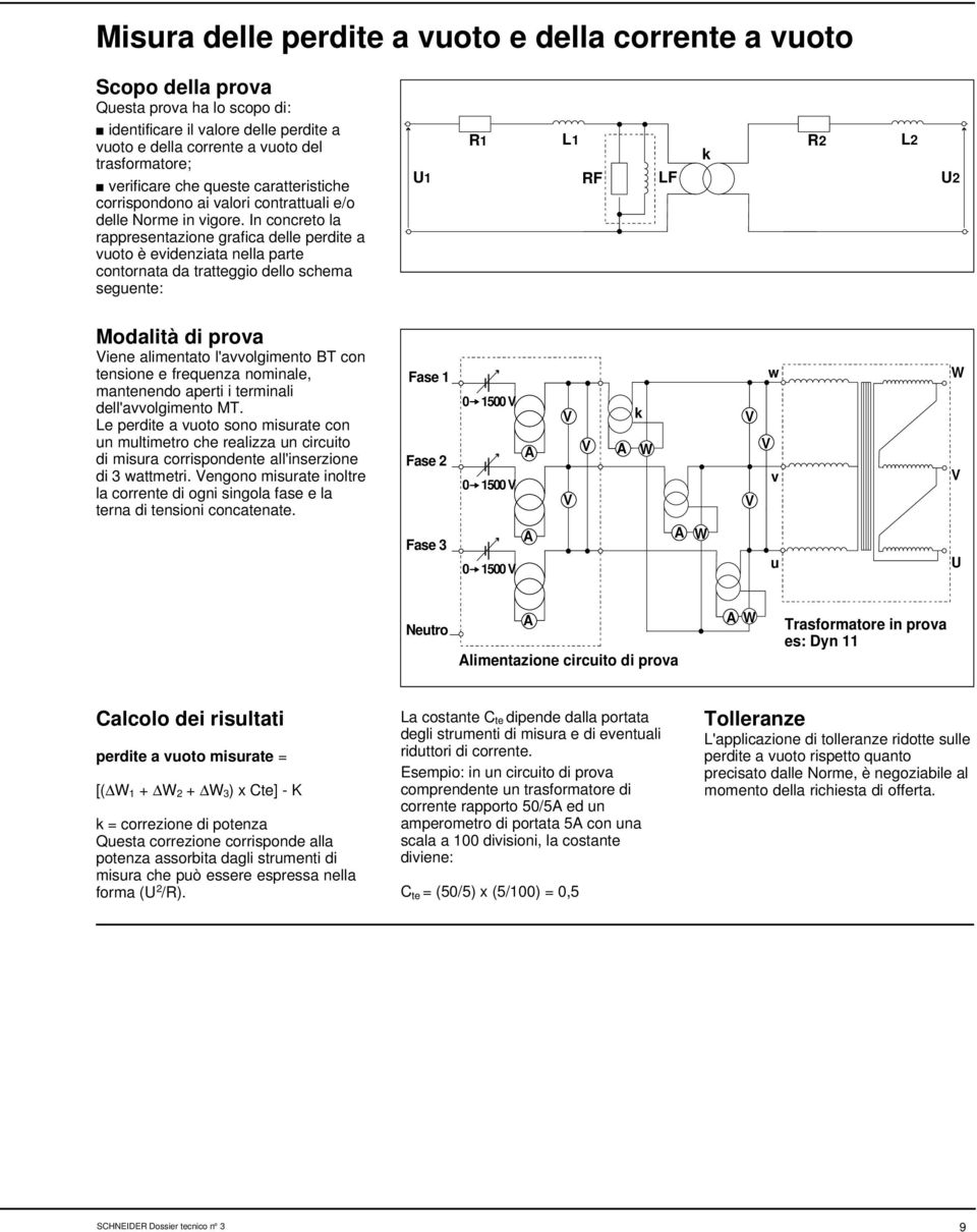 In concreto la rappresentazione grafica delle perdite a vuoto è evidenziata nella parte contornata da tratteggio dello schema seguente: 1 R1 L1 R2 L2 k RF LF 2 Modalità di prova iene alimentato