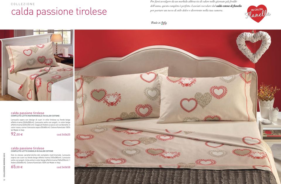 IN CALDA Fl a n e l l a calda passione tirolese COMPLETO LETTO MATRIMONIALE IN CALDO COTONE Lenzuolo sopra con design di cuori in stile tirolese su fondo beige effetto trama (240x280cm).