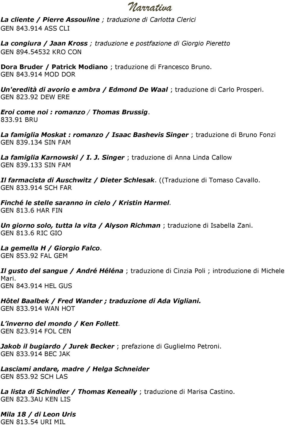 92 DEW ERE Eroi come noi : romanzo / Thomas Brussig. 833.91 BRU La famiglia Moskat : romanzo / Isaac Bashevis Singer ; traduzione di Bruno Fonzi GEN 839.134 SIN FAM La famiglia Karnowski / I. J.