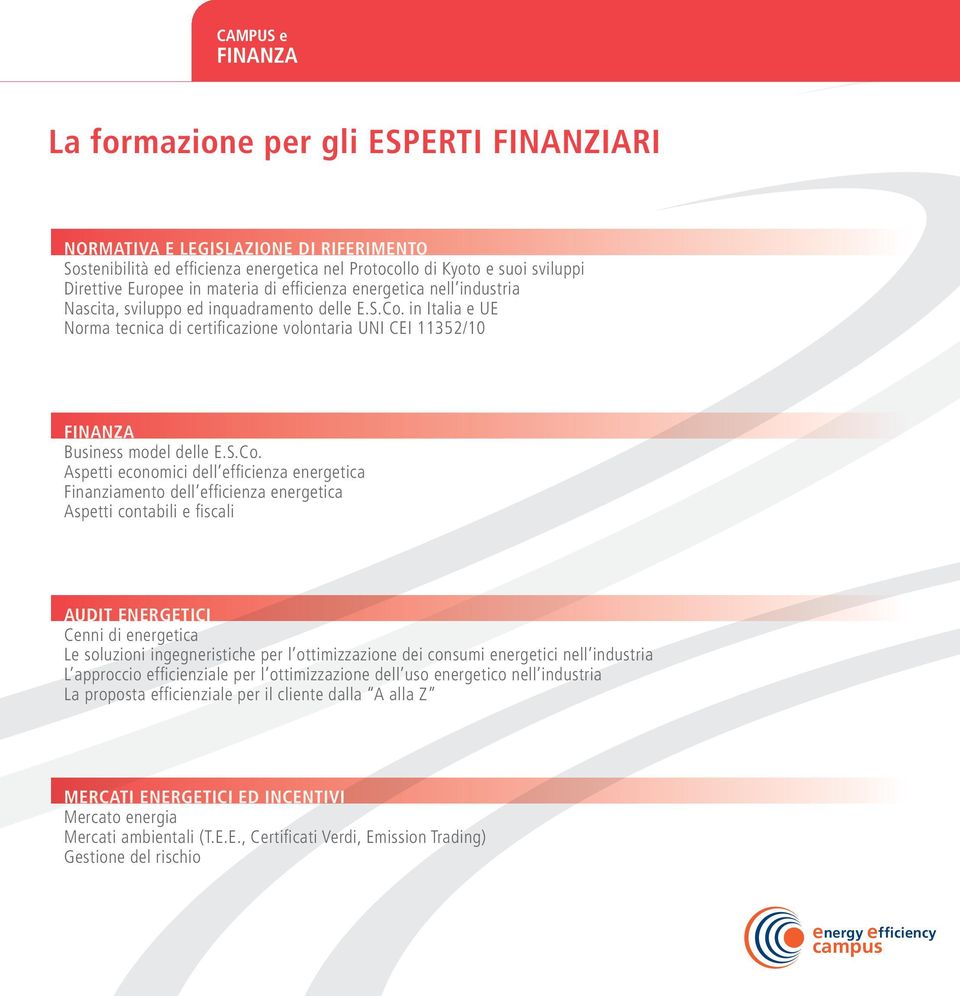in Italia e UE Norma tecnica di certificazione volontaria UNI CEI 11352/10 Business model delle E.S.Co.