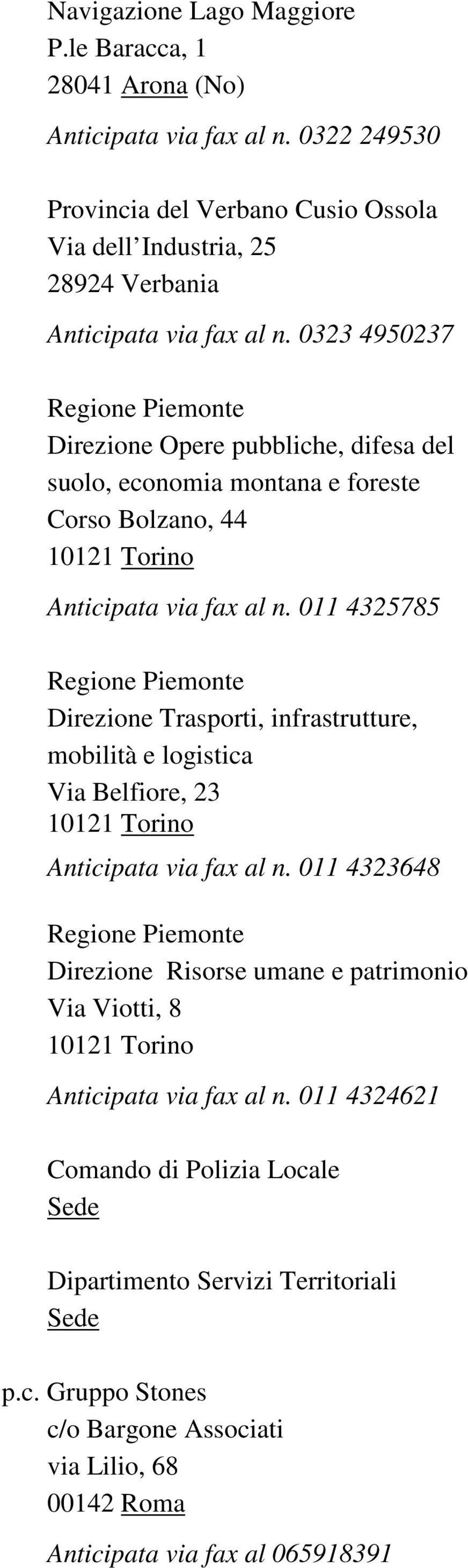 0323 4950237 Direzione Opere pubbliche, difesa del suolo, economia montana e foreste Corso Bolzano, 44 Anticipata via fax al n.