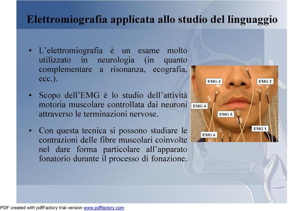 Scopo dell EMG è lo studio dell attività motoria muscolare controllata dai neuroni attraverso le terminazioni