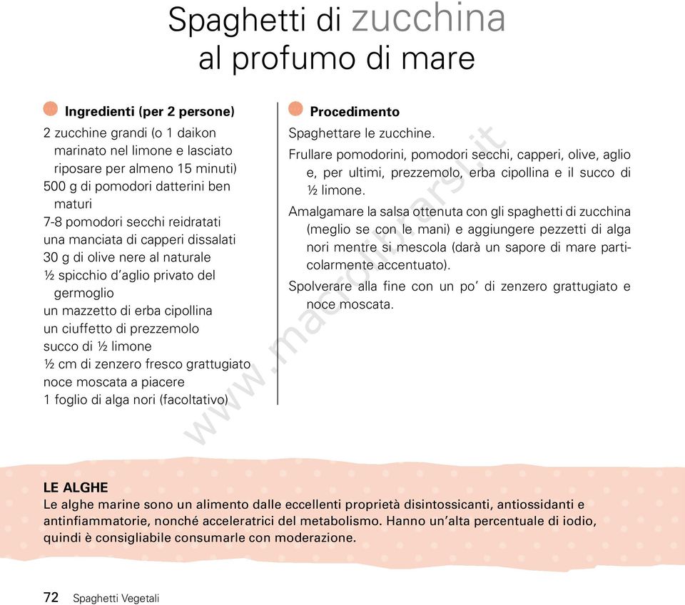 di ½ limone ½ cm di zenzero fresco grattugiato noce moscata a piacere 1 foglio di alga nori (facoltativo) Procedimento Spaghettare le zucchine.