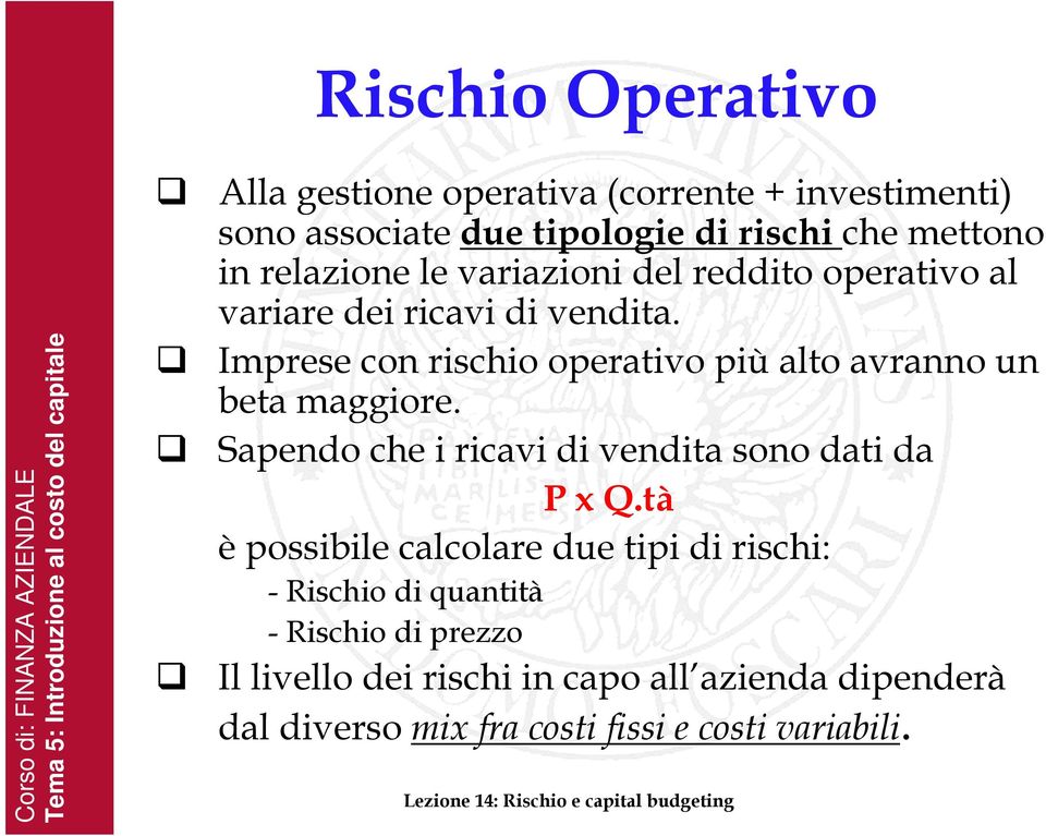 Imprese con rischio operativo più alto avranno un beta maggiore. Sapendo che i ricavi di vendita sono dati da P x Q.