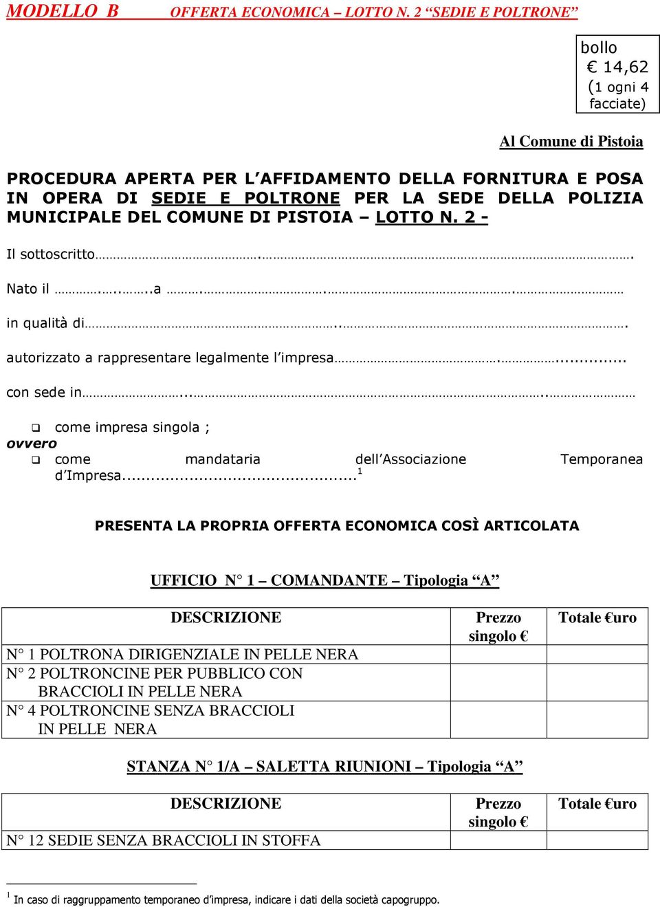 COMUNE DI PISTOIA LOTTO N. 2 - Il sottoscritto.. Nato il.....a... in qualità di... autorizzato a rappresentare legalmente l impresa.... con sede in.