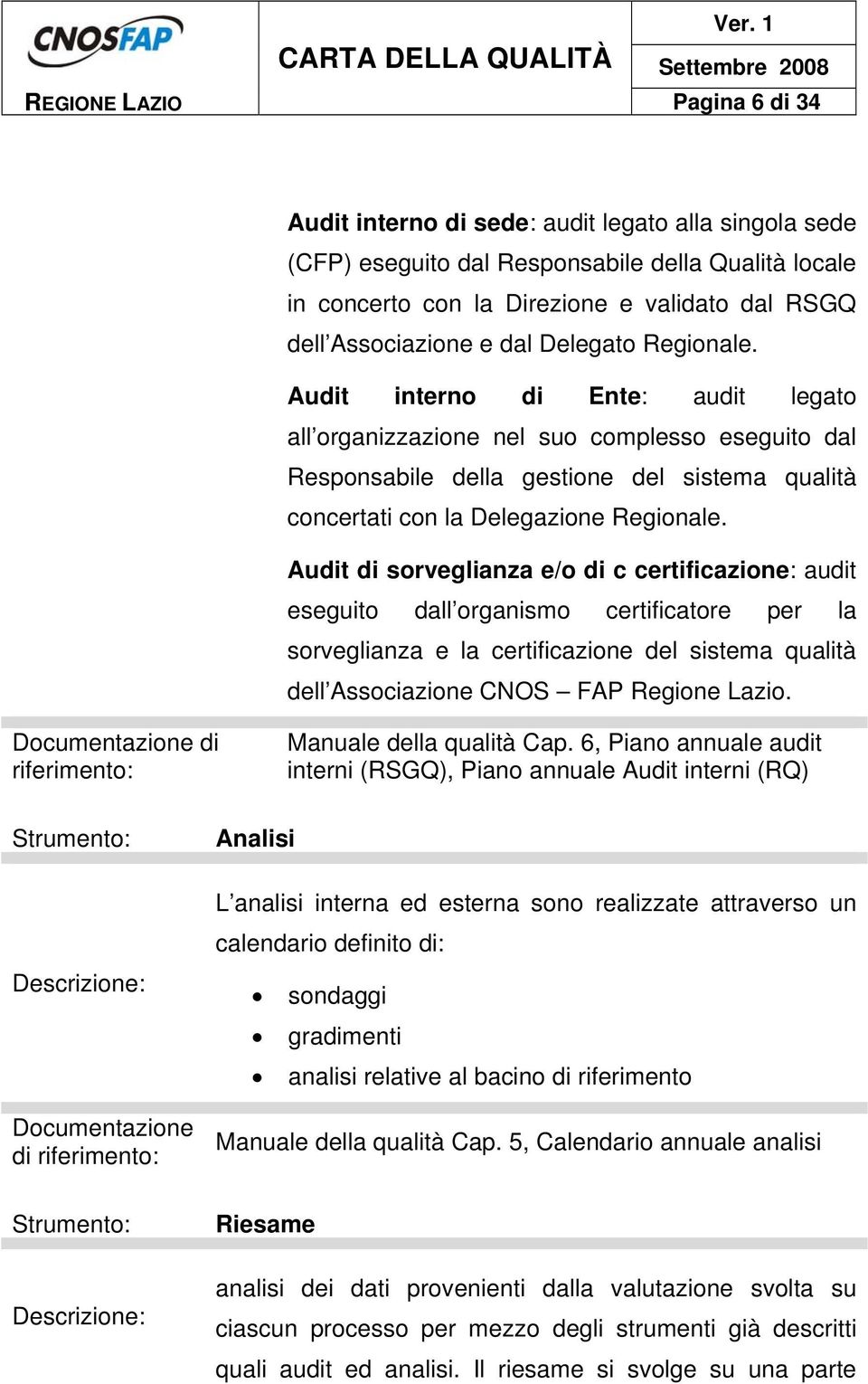 Audit di sorveglianza e/o di c certificazione: audit eseguito dall organismo certificatore per la sorveglianza e la certificazione del sistema qualità dell Associazione CNOS FAP Regione Lazio.