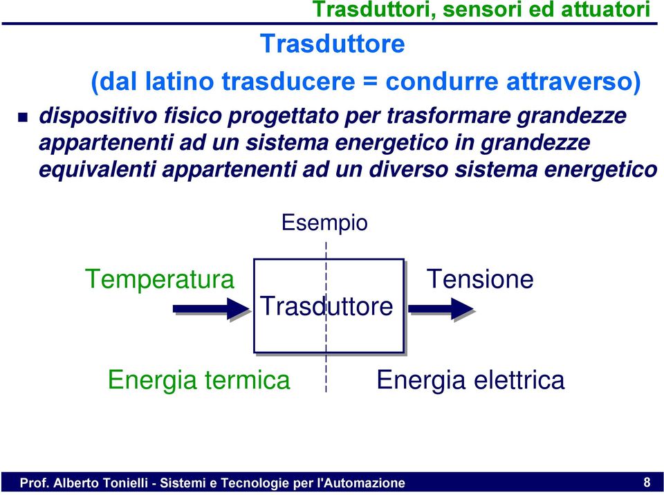 grandezze equivalenti appartenenti ad un diverso sistema energetico Esempio Temperatura Trasduttore