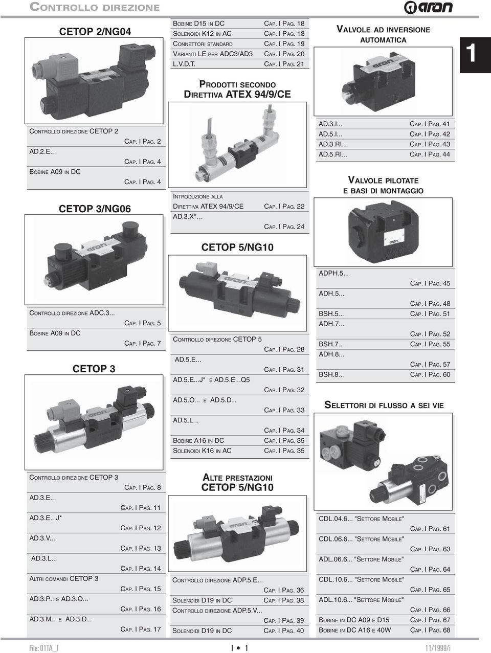 I PAG. 22 AD.3.X*... CAP. I PAG. 24 CETOP 5/NG0 ADPH.5... CAP. I PAG. 45 ADH.5... CONTROLLO DIREZIONE ADC.3... BOBINE A09 IN DC CETOP 3 CAP. I PAG. 5 CAP. I PAG. 7 CONTROLLO DIREZIONE CETOP 5 CAP.