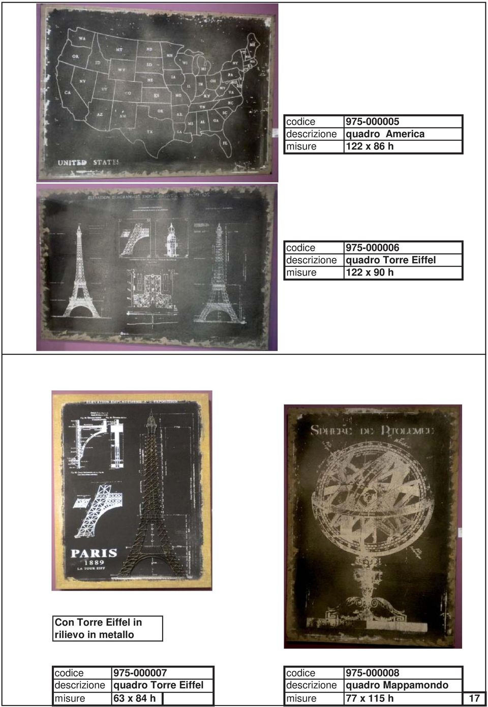 Eiffel in rilievo in metallo codice 975-000007 codice 975-000008 descrizione