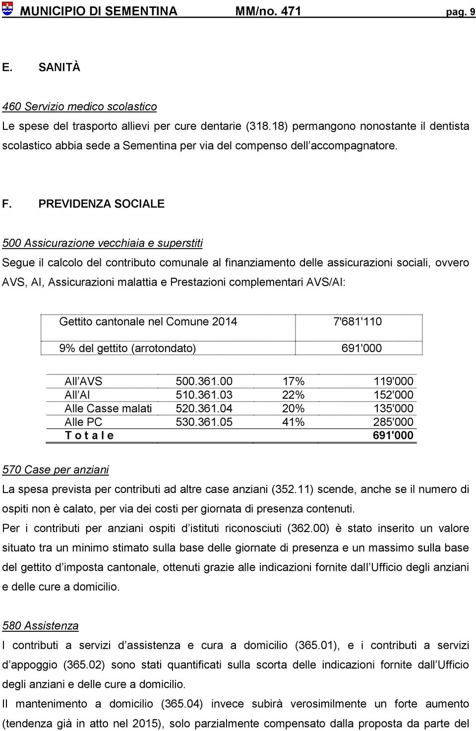 PREVIDENZA SOCIALE 500 Assicurazione vecchiaia e superstiti Segue il calcolo del contributo comunale al finanziamento delle assicurazioni sociali, ovvero AVS, AI, Assicurazioni malattia e Prestazioni