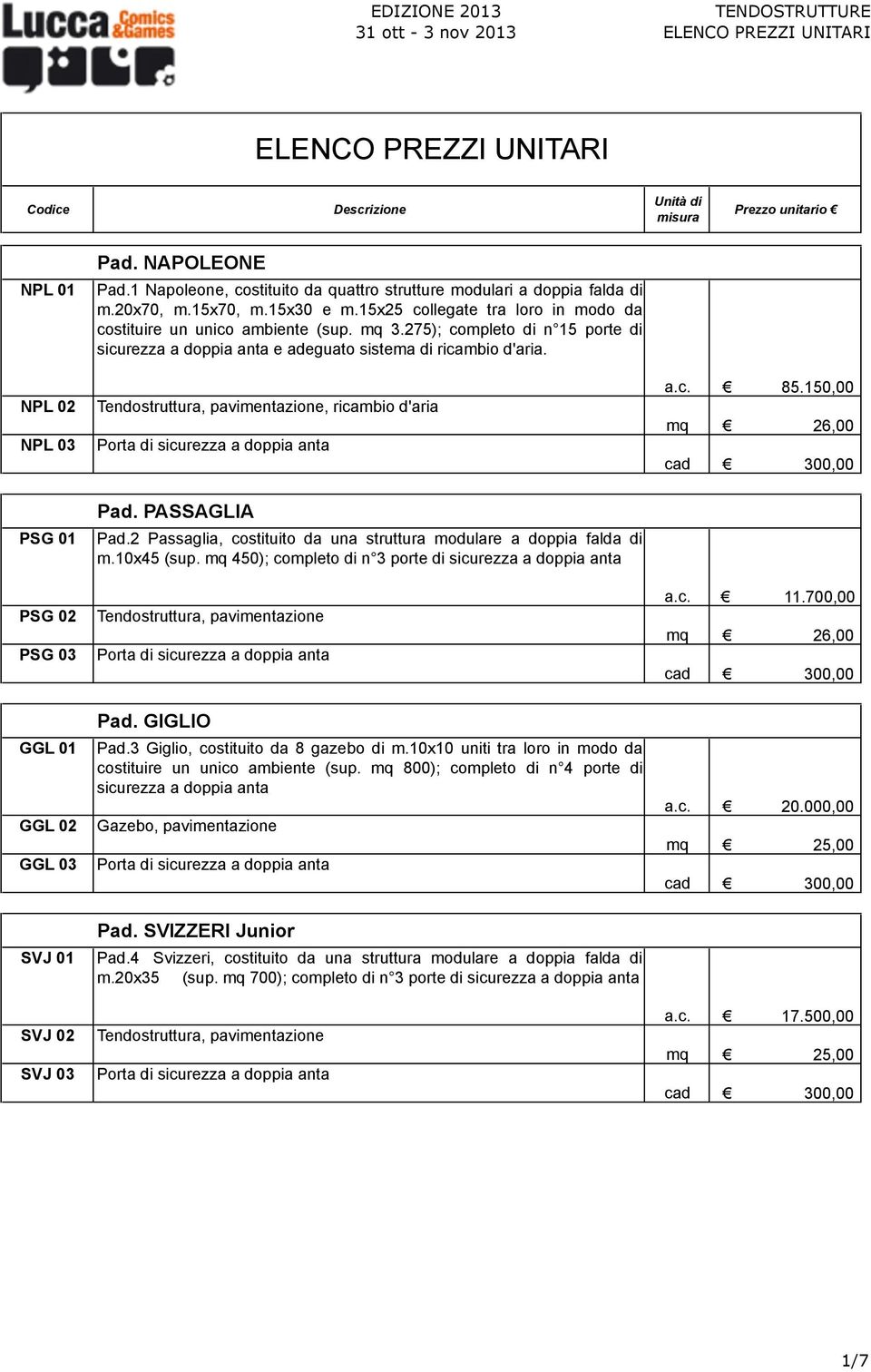 2 Passaglia, costituito da una struttura modulare a doppia falda di m.10x45 (sup. mq 450); completo di n 3 porte di sicurezza a doppia anta a.c. 11.700,00 GGL 01 GGL 02 GGL 03 Pad. GIGLIO Pad.