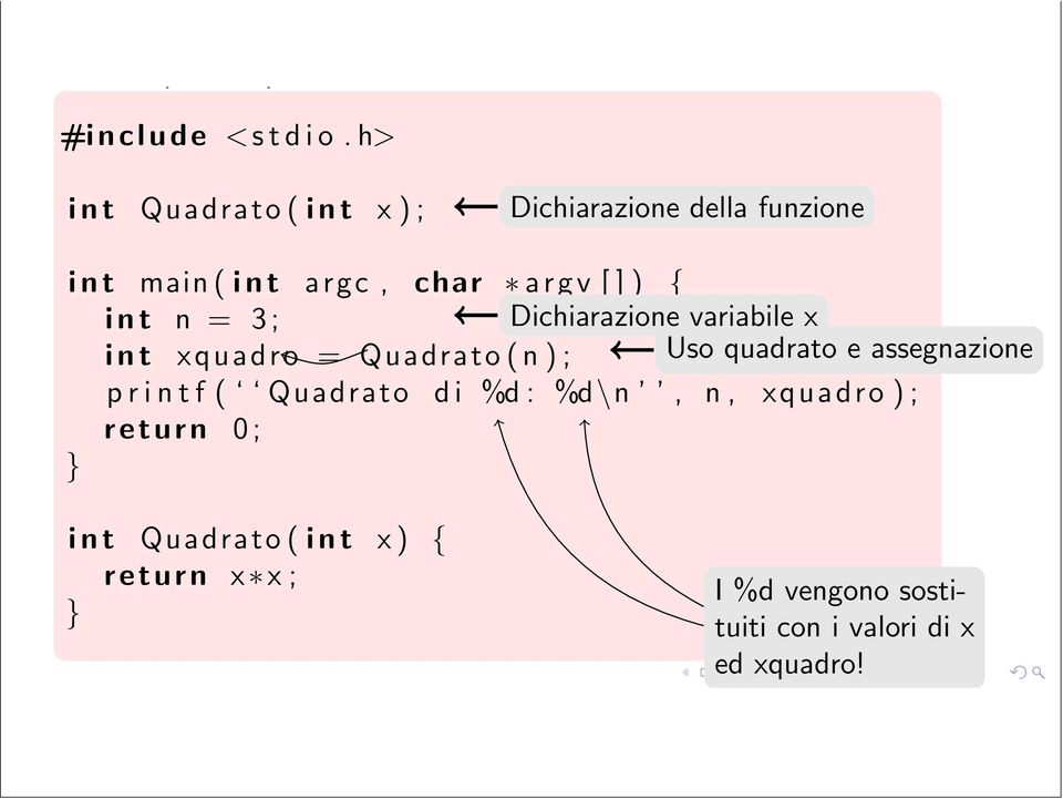 Dichiarazione variabile x int xquadro = Quadrato(n); Uso quadrato e assegnazione printf ( Quadrato di %d: %d\n,