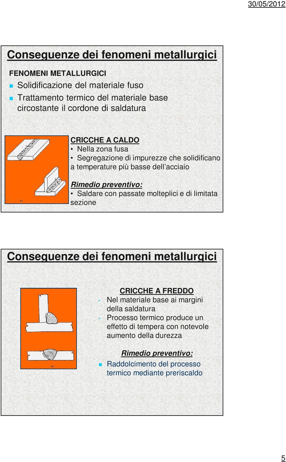 Saldare con passate molteplici e di limitata sezione Conseguenze dei fenomeni metallurgici CRICCHE A FREDDO Nel materiale base ai margini della saldatura