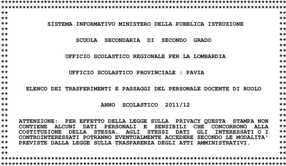 PROVINCIALE : PAVIA ** ** ** ** ** ** ELENCO DEI TRASFERIMENTI E PASSAGGI DEL PERSONALE DOCENTE DI RUOLO ** ** ** ** ** ** ANNO SCOLASTICO 2011/12 ** ** ** ** ** ** ATTENZIONE: PER EFFETTO DELLA