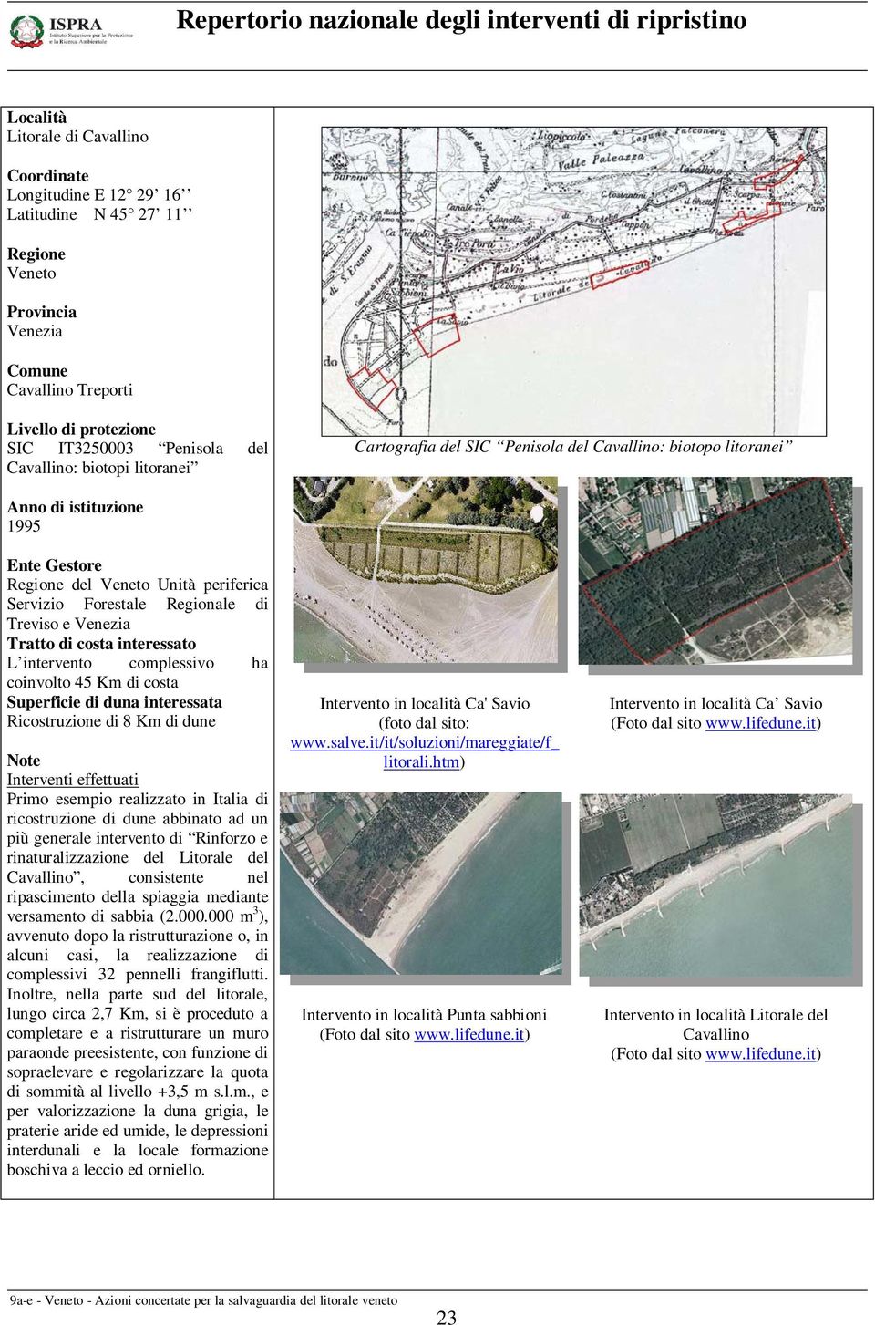 Treviso e Venezia Tratto di costa interessato L intervento complessivo ha coinvolto 45 Km di costa Superficie di duna interessata Ricostruzione di 8 Km di dune Note Interventi effettuati Primo