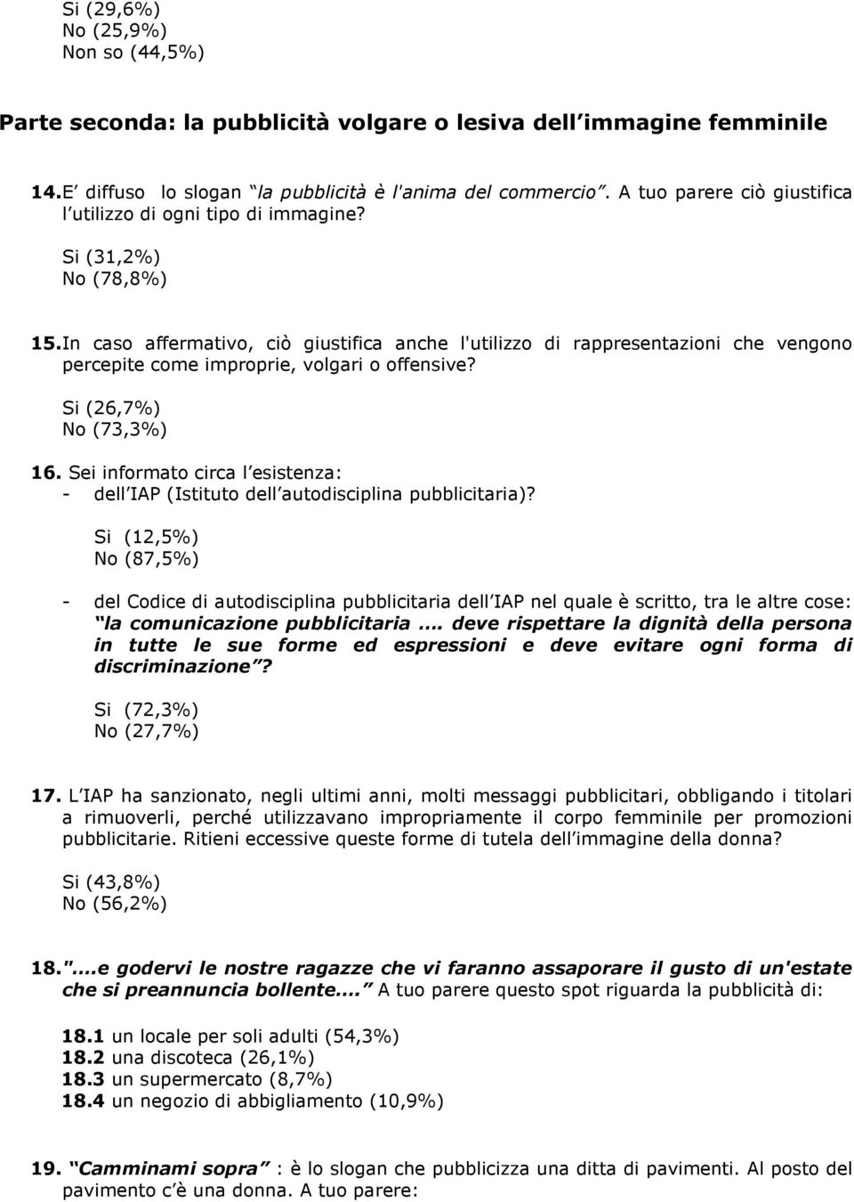 In caso affermativo, ciò giustifica anche l'utilizzo di rappresentazioni che vengono percepite come improprie, volgari o offensive? Si (26,7%) No (73,3%) 16.