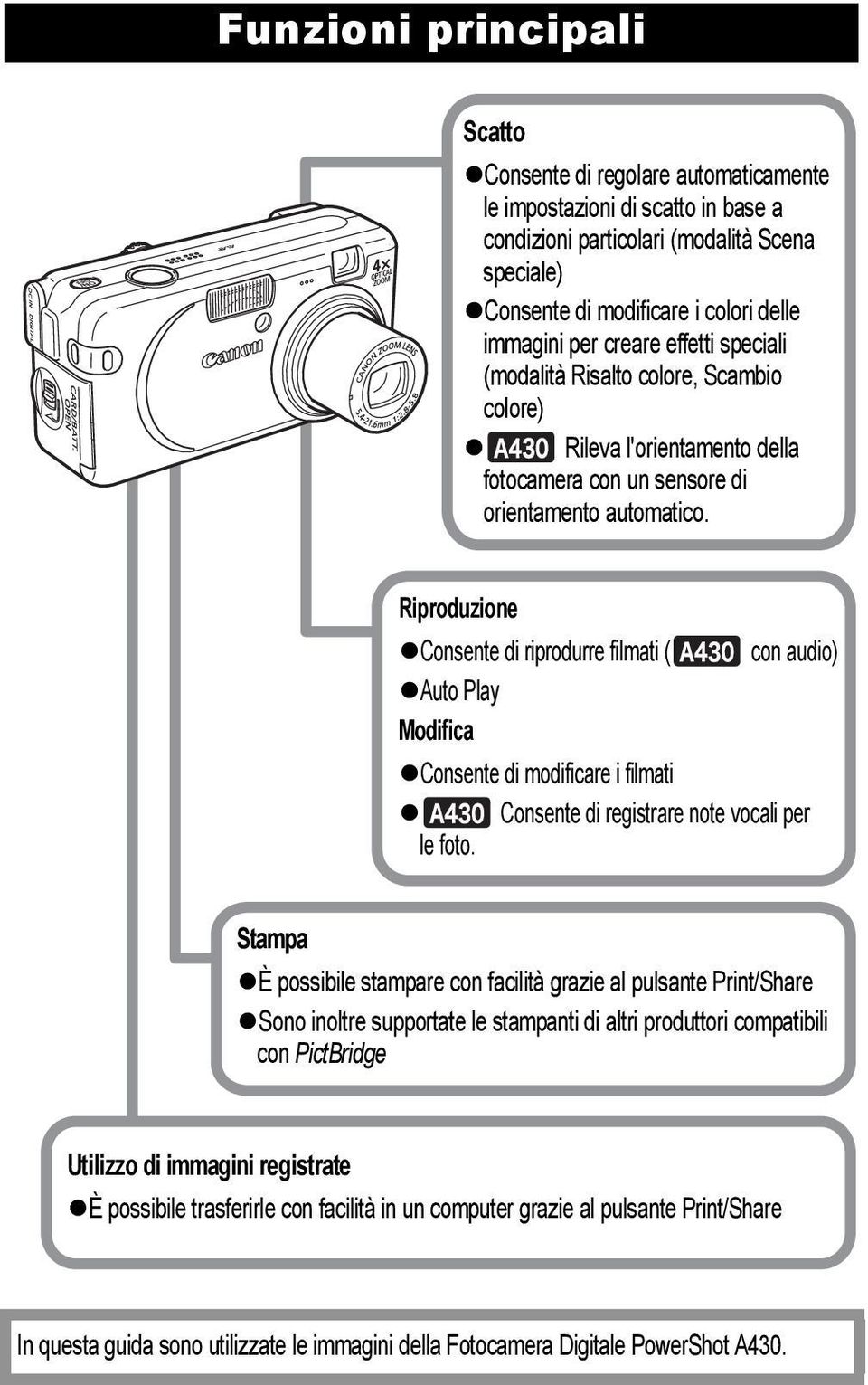 Riproduzione Consente di riprodurre filmati ( con audio) Auto Play Modifica Consente di modificare i filmati Consente di registrare note vocali per le foto.