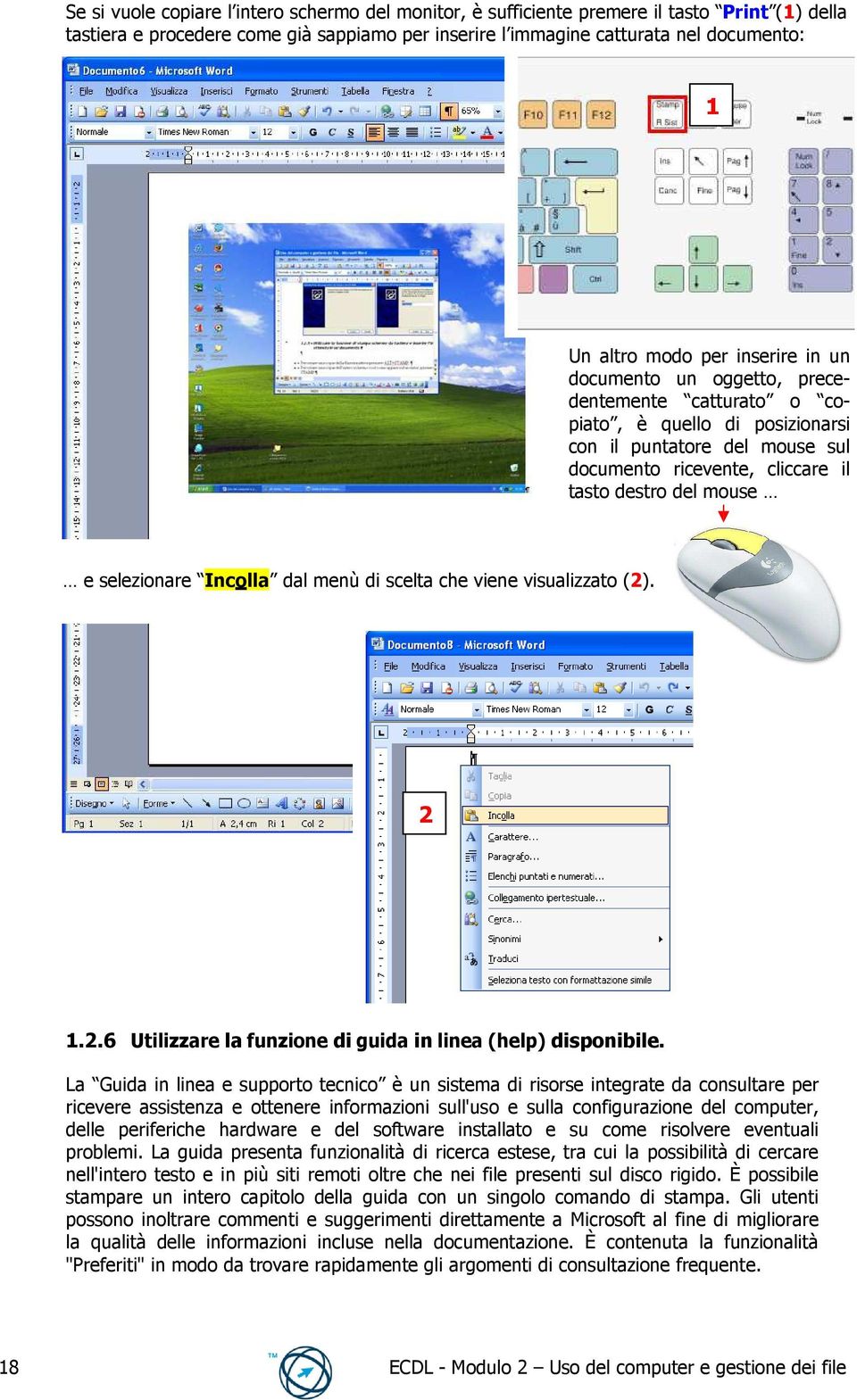 selezionare Incolla dal menù di scelta che viene visualizzato (2). 2 1.2.6 Utilizzare la funzione di guida in linea (help) disponibile.