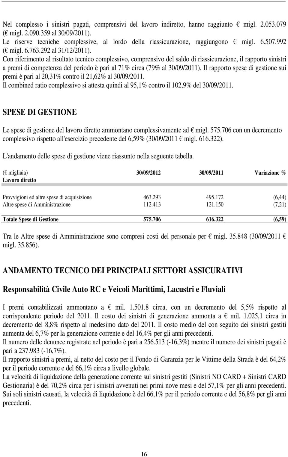 Con riferimento al risultato tecnico complessivo, comprensivo del saldo di riassicurazione, il rapporto sinistri a premi di competenza del periodo è pari al 71% circa (79% al 30/09/2011).