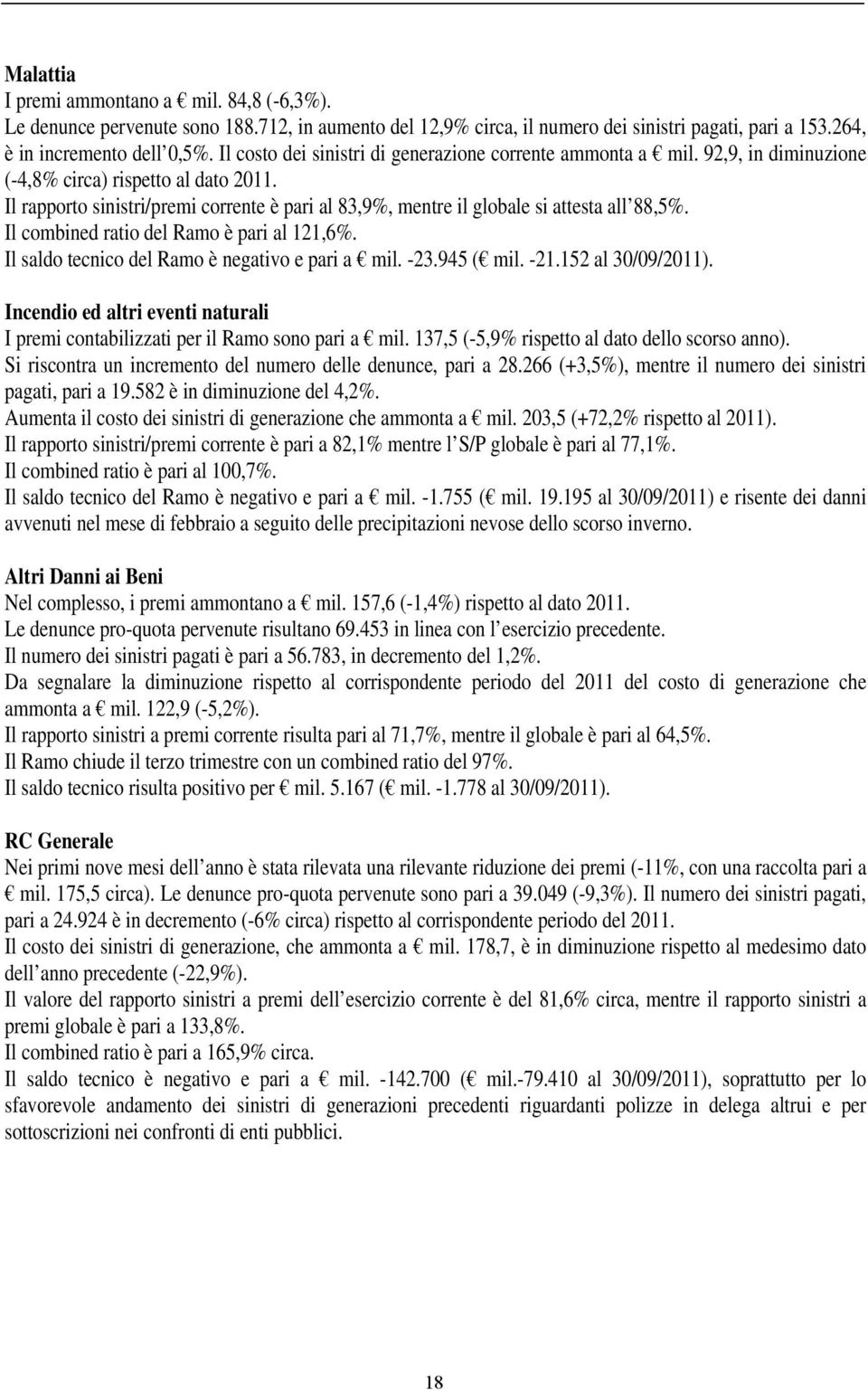 Il rapporto sinistri/premi corrente è pari al 83,9%, mentre il globale si attesta all 88,5%. Il combined ratio del Ramo è pari al 121,6%. Il saldo tecnico del Ramo è negativo e pari a mil. -23.