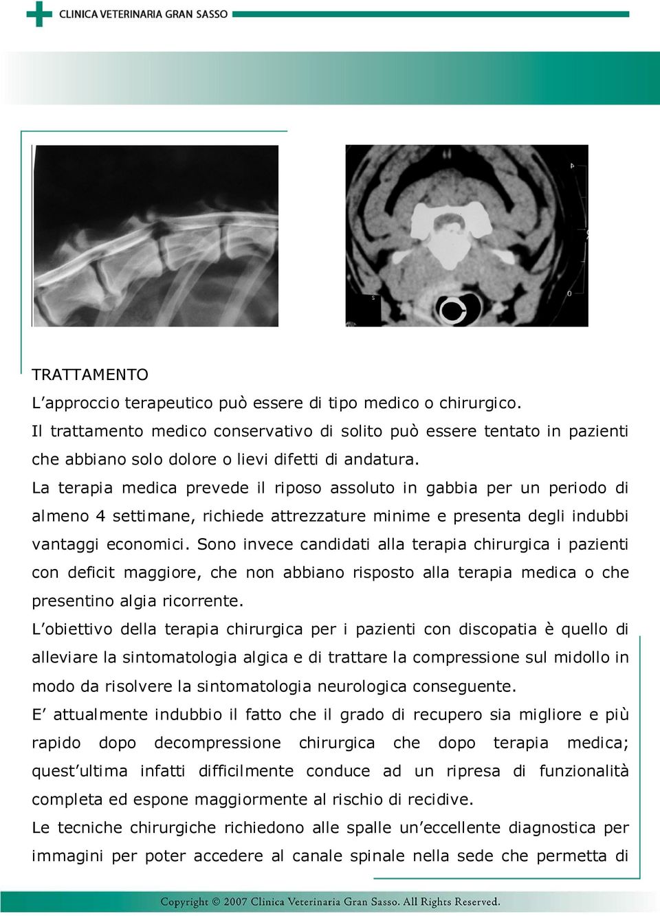 La terapia medica prevede il riposo assoluto in gabbia per un periodo di almeno 4 settimane, richiede attrezzature minime e presenta degli indubbi vantaggi economici.