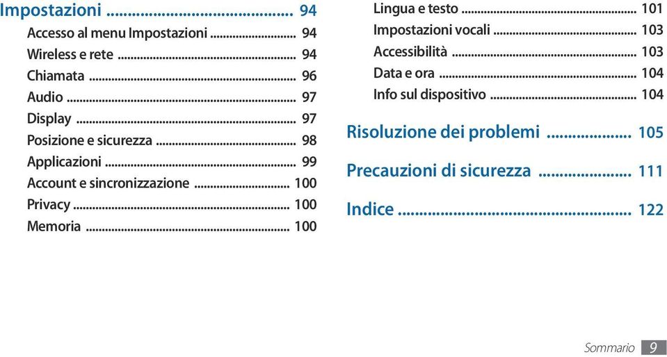 .. 100 Memoria... 100 Lingua e testo... 101 Impostazioni vocali... 103 Accessibilità... 103 Data e ora.