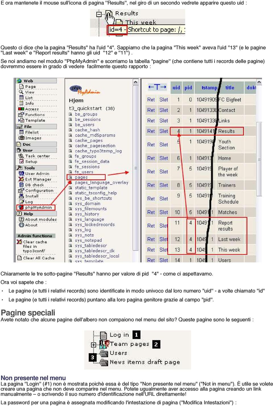 Se noi andiamo nel modulo ''PhpMyAdmin'' e scorriamo la tabella ''pagine'' (che contiene tutti i records delle pagine) dovremmo essere in grado di vedere facilmente questo rapporto : Chiaramente le