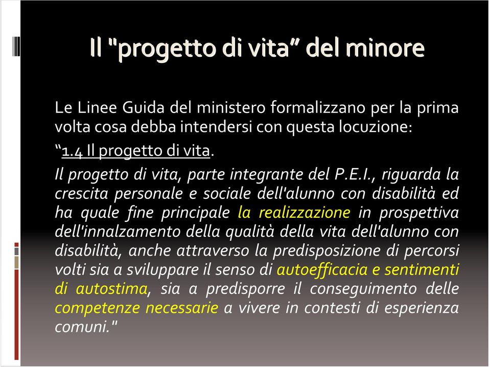 realizzazione in prospettiva dell'innalzamento della qualità della vita dell'alunno con disabilità, anche attraverso la predisposizione di percorsi volti sia a