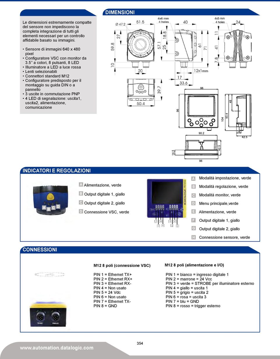 5 a colori, 8 pulsanti, 8 LED Illuminatore a LED a luce rossa Lenti selezionabili Connettori standard M12 Configuratore predisposto per il montaggio su guida DIN o a pannello 3 uscite in commutazione