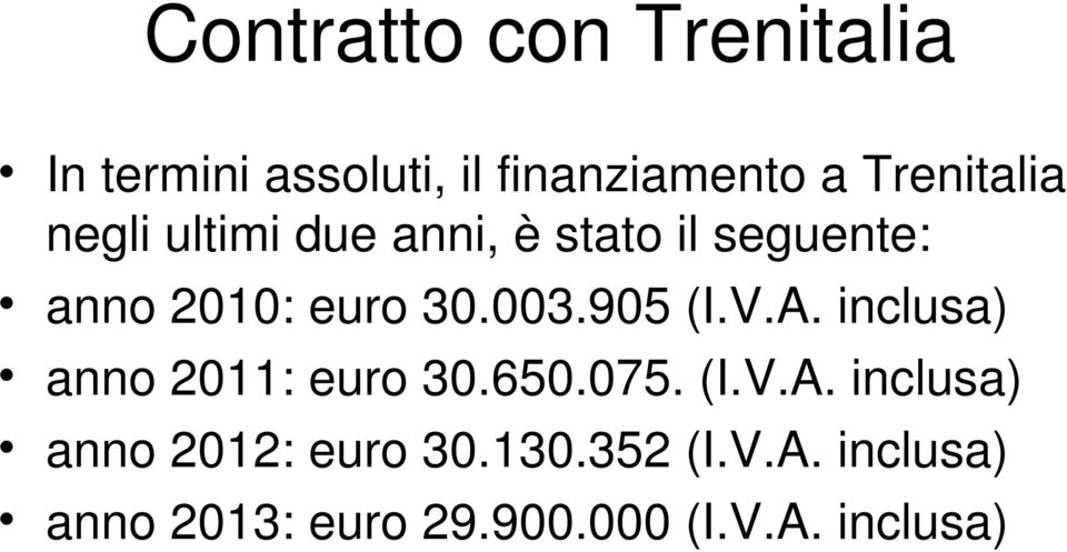 003.905 (I.V.A. inclusa) anno 2011: euro 30.650.075. (I.V.A. inclusa) anno 2012: euro 30.