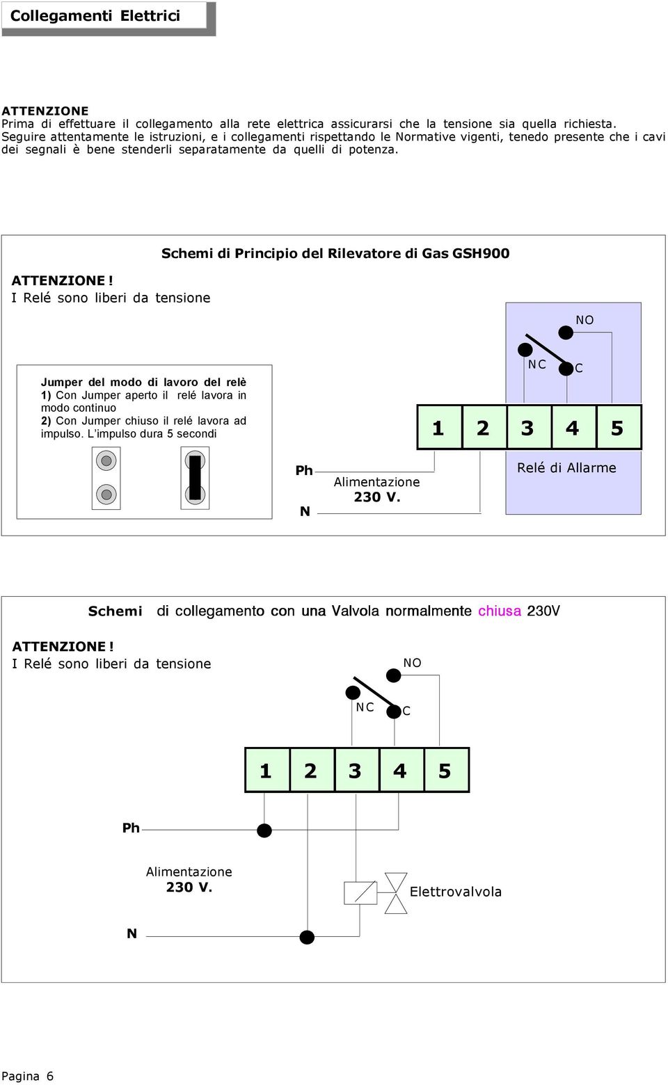 I Relé sono liberi da tensione Schemi di Principio del Rilevatore di Gas GSH900 O Jumper del modo di lavoro del relè 1) Con Jumper aperto il relé lavora in modo continuo 2) Con Jumper chiuso il