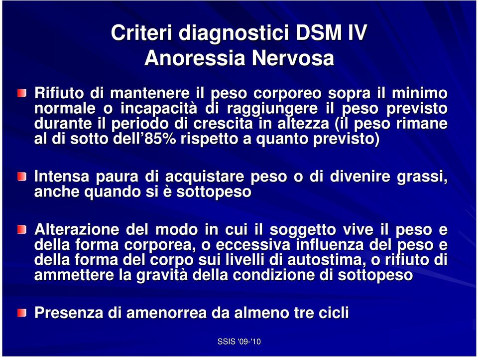 divenire grassi, anche quando si è sottopeso Alterazione del modo in cui il soggetto vive il peso e della forma corporea, o eccessiva influenza del