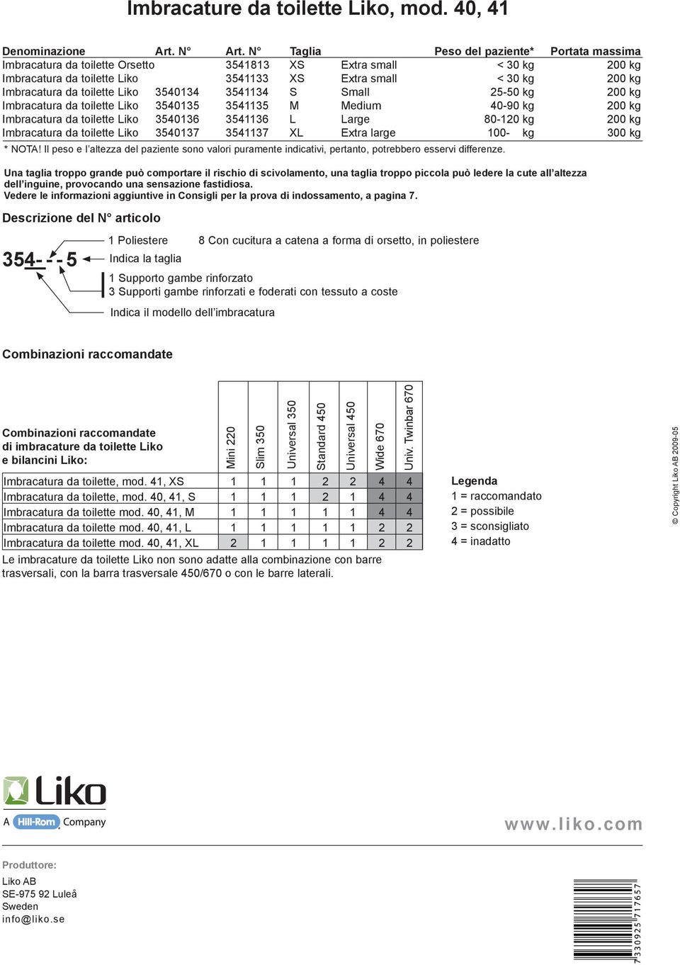 toilette Liko 3540134 3541134 S Small 25-50 kg 200 kg Imbracatura da toilette Liko 3540135 3541135 M Medium 40-90 kg 200 kg Imbracatura da toilette Liko 3540136 3541136 L Large 80-120 kg 200 kg