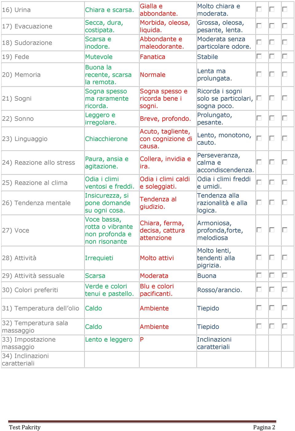 23) Linguaggio Chiacchierone 24) Reazione allo stress 25) Reazione al clima 26) Tendenza mentale 27) Voce Paura, ansia e agitazione. Odia i climi ventosi e freddi.