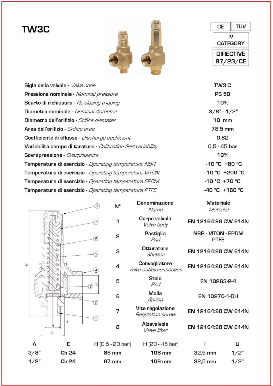 variability 0, - bar Sovrapressione - Overpressure 0% Temperatura di esercizio - Operating temperature NBR -0 C +80 C Temperatura di esercizio - Operating temperature VITON -0 C +00 C Temperatura di