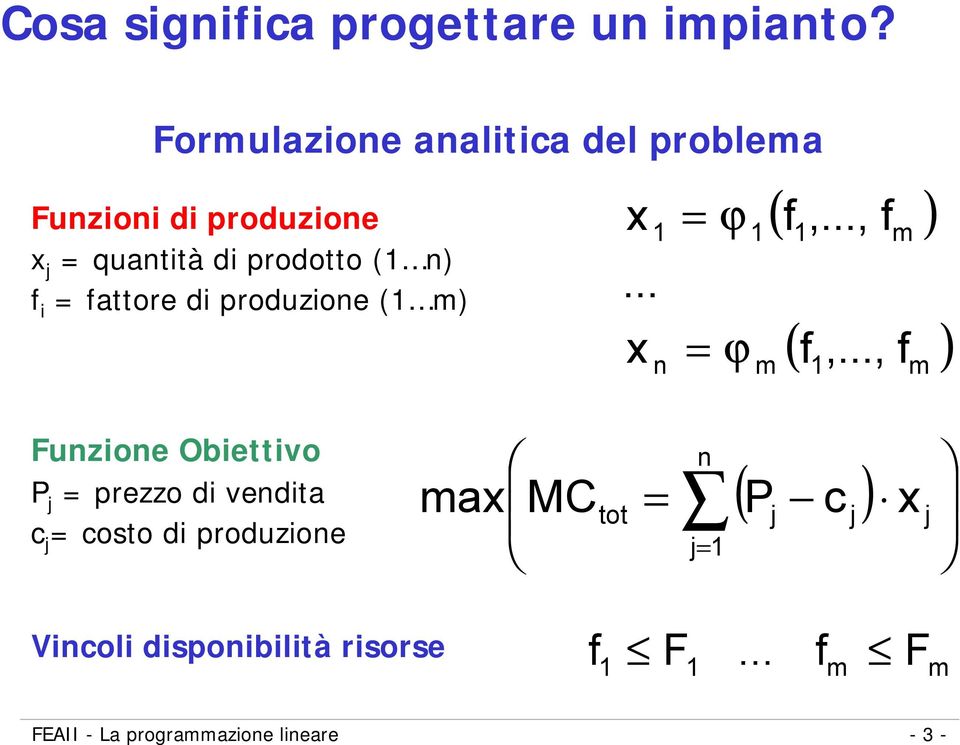 fattore di produzione ( m)... n = = ϕ ϕ ( f,..., f ) m ( f,.