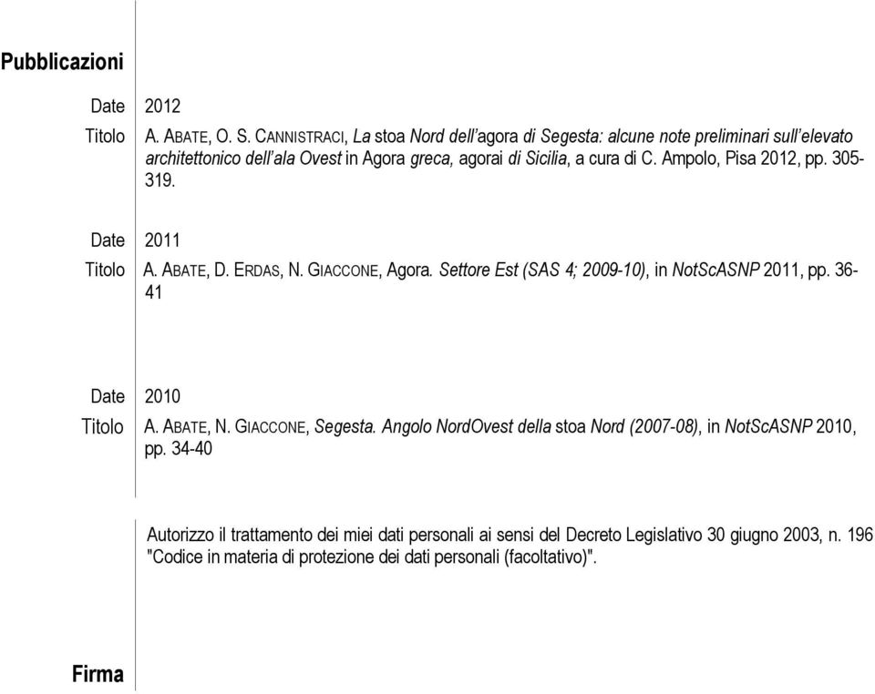 Ampolo, Pisa 2012, pp. 305-319. Date 2011 Titolo A. ABATE, D. ERDAS, N. GIACCONE, Agora. Settore Est (SAS 4; 2009-10), in NotScASNP 2011, pp.